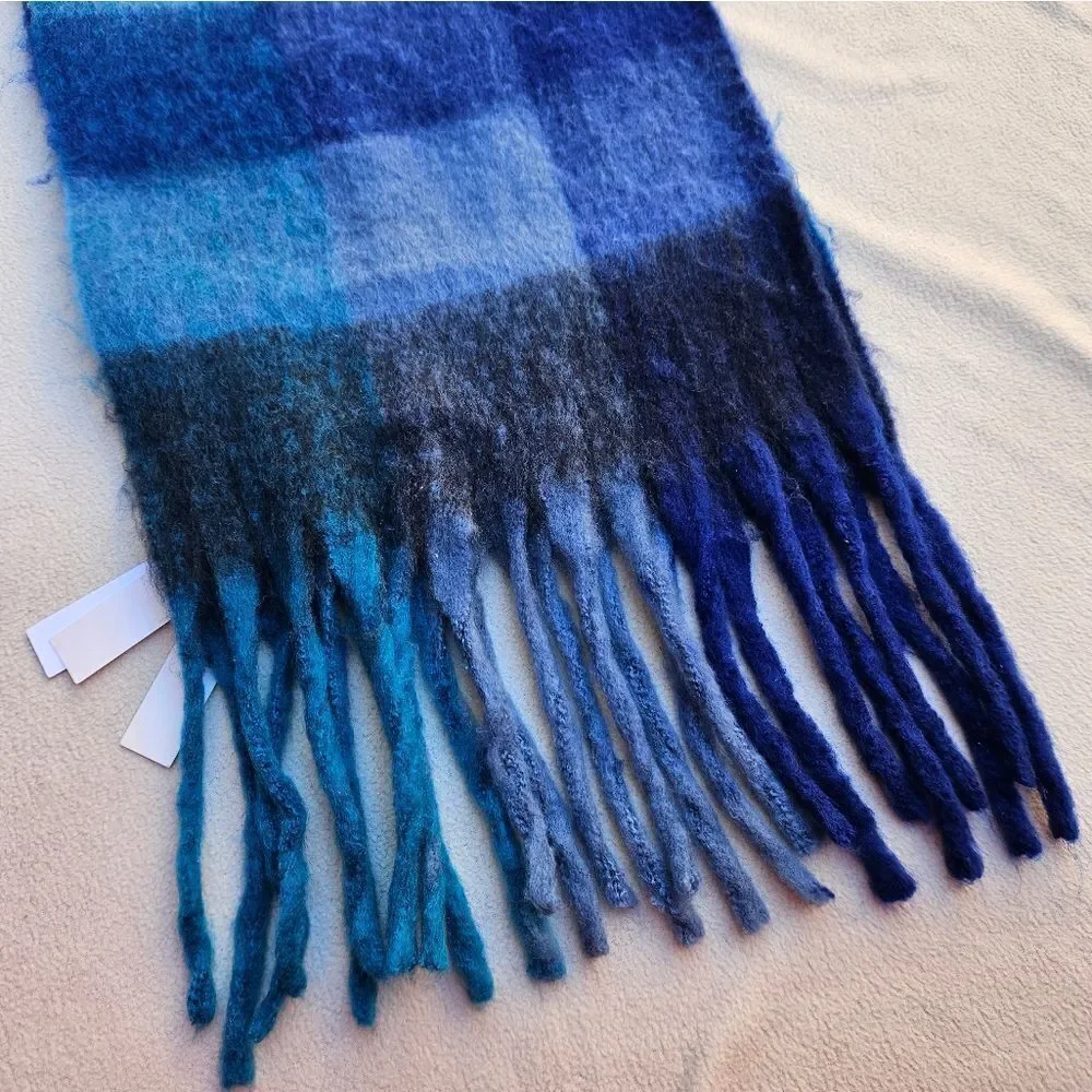 Bloomingdale's Aqua Blue Plaid Fringe Scarf